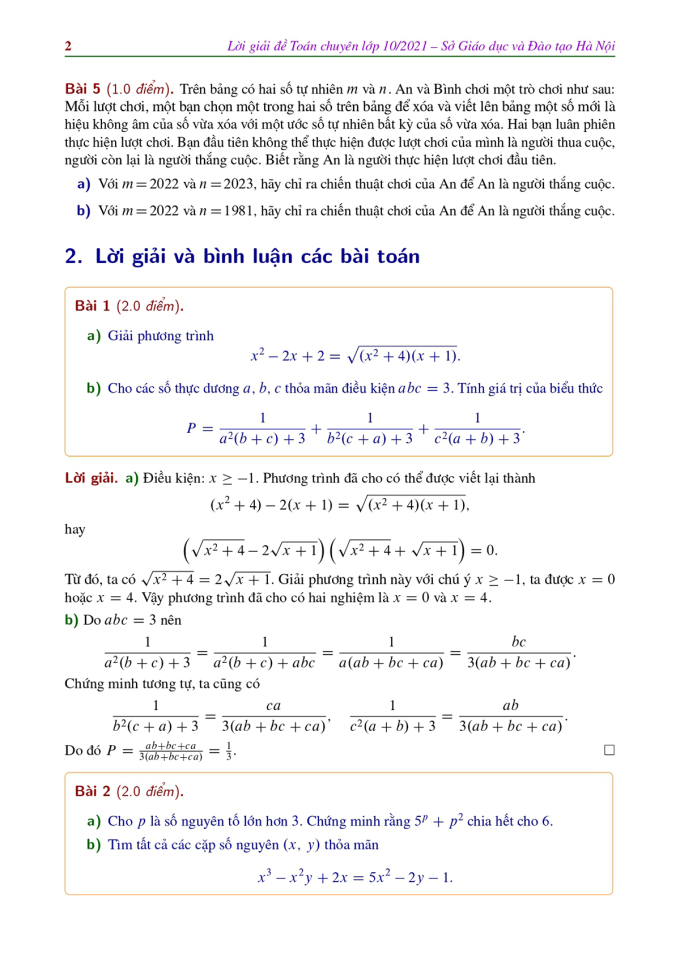 Đáp án môn Toán chuyên Tin vào lớp 10 Hà Nội - 1