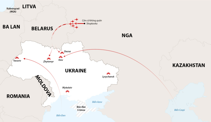Ba hướng tên lửa Nga tập kích Ukraine. Bấm vào ảnh để xem chi tiết.