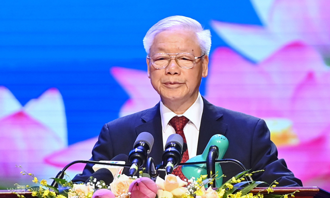 Tổng bí thư Nguyễn Phú Trọng phát biểu trong lễ kỷ niệm ngày 18/7. Ảnh: Giang Huy.