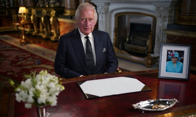 Vua Charles III đọc bài phát biểu trước quốc gia và Khối Thịnh vượng Chung từ Điện Buckingham ngày 9/9. Ảnh: PA.
