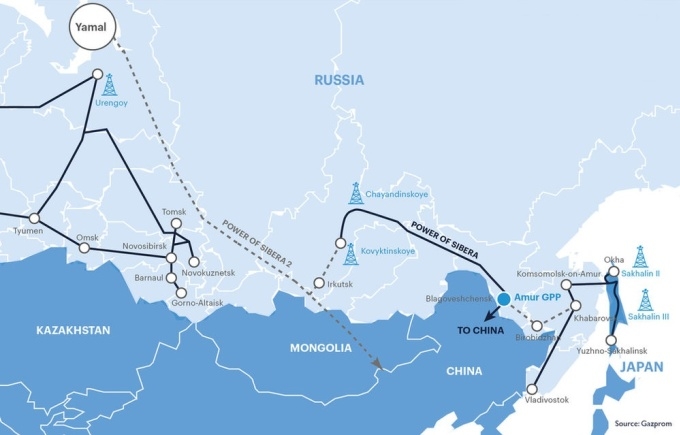 Vị trí đường ống Power of Siberia 1 và Power of Siberia 2. Đồ họa: Gazprom.