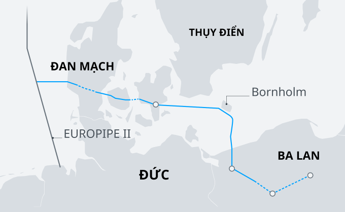 Sơ đồ Đường ống Baltic Pipe (màu xanh) và đường ống Europipe II. Đồ họa: DW.