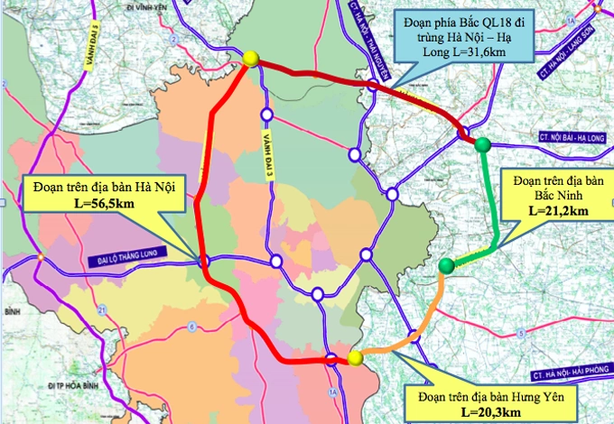 Hướng tuyến đường vành đai 4 - vùng thủ đô đi qua Hà Nội, Hưng Yên và Bắc Ninh. Nguồn: UBND TP Hà Nội