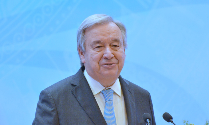 Tổng thư ký Liên Hợp Quốc Antonio Guterres phát biểu trong lễ kỷ niệm tại Hà Nội hôm 21/10. Ảnh: Vũ Anh.
