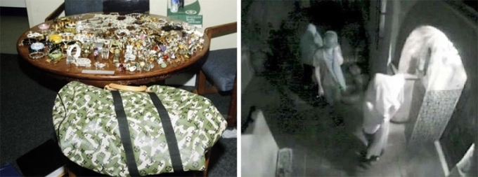 Ảnh trái: Trang sức và túi Louis Vuitton bị trộm từ nhà Paris Hilton. Ảnh phải: Ba nghi phạm đột nhập nhà Lindsay Lohan vào tháng 8/2009. Ảnh: LAPD