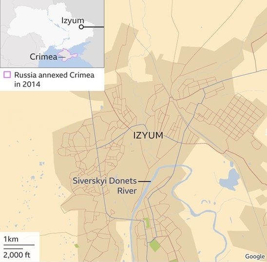 Vị trí thành phố Izyum, Ukraine. Đồ họa: BBC.