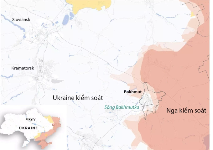 Khu vực các bên kiểm soát tại thành phố Bakhmut. Đồ họa: AFP