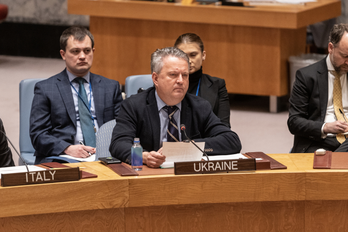 Đại sứ Ukraine tại Liên Hợp Quốc Sergiy Kyslytsya trong phiên họp của Hội đồng Bảo an về vấn đề Ukraine ngày 6/2. Ảnh: Reuters