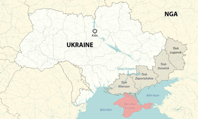 Bán đảo Crimea và 4 tỉnh Nga sáp nhập tháng 10/2022. Đồ họa: RYV