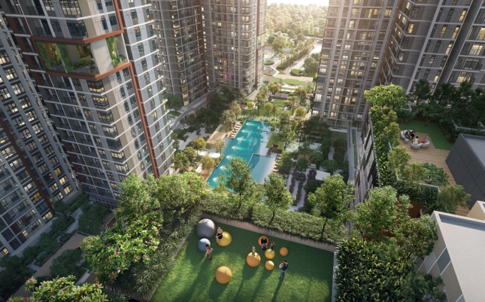 Các tiện ích xanh bố trí đan xen trong cảnh quan nội khu tầng trệt và trên các vườn treo. Ảnh: Gamuda Land