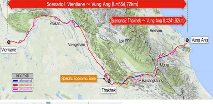 Sơ đồ hướng tuyến đường sắt Viên Chăn - Vũng Áng.