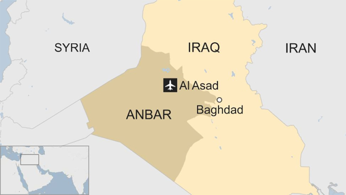 Vị trí căn cứ Al-Asad tại Iraq. Đồ họa: BBC