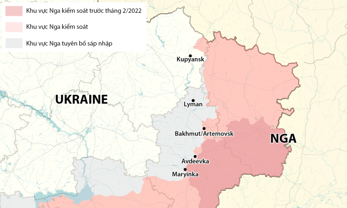 Vị trí các thành phố Kupyansk, Lyman, Bakhmut, Avdeevka và Maryinka. Đồ họa: RYV