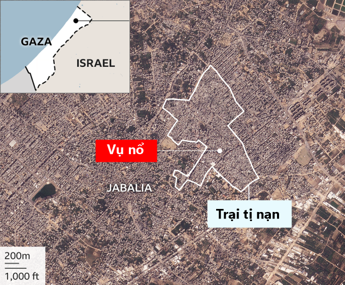Vị trí trại tị nạn Jabaliya (cách viết khác là Jabalia). Đồ họa: BBC