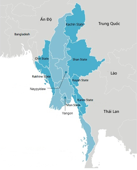 Vị trí các bang Shan, Rakhine và Kayin (cách viết khác là Karen). Đồ họa: JWP