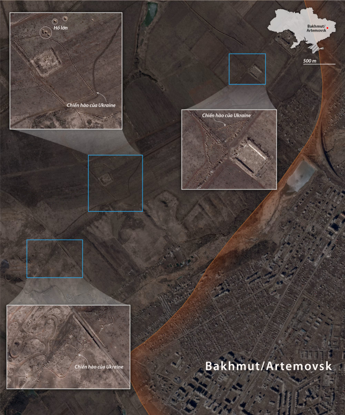 Chiến hào của Ukraine bên ngoài thành phố Bakhmut/Artemovsk, tỉnh Donetsk. Ảnh: Planet Labs