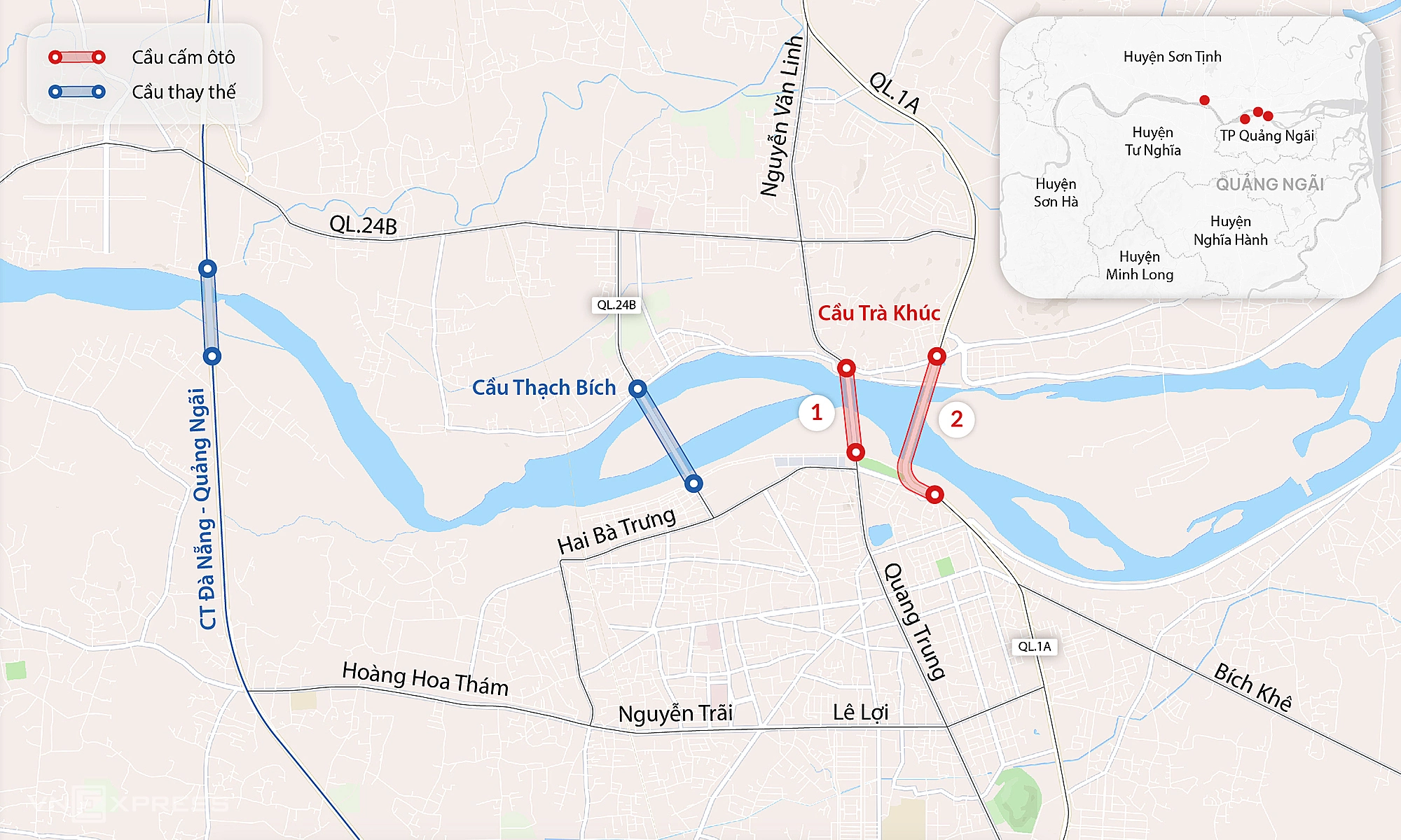 Vị trí cầu Trà Khúc 1 và 2 trên quốc lộ 1. Đồ họa: Đăng Hiếu