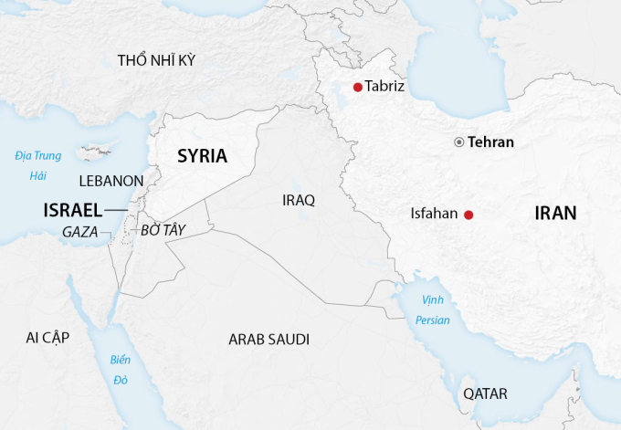 Vị trí thủ đô Tehran của Iran và Israel cùng các nước xung quanh. Đồ họa: CNN
