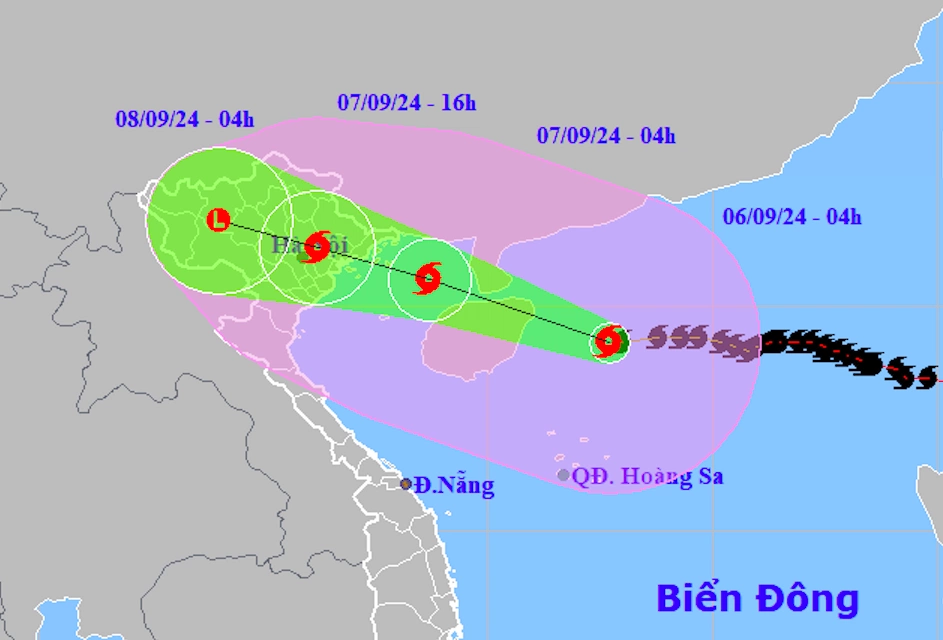 Dự báo hướng đi, vùng ảnh hưởng bão Yagi sáng 6/9. Ảnh: NCHMF