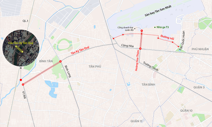 Vị trí 4 dự án trọng điểm kết nối sân bay Tân Sơn Nhất hoàn thành năm nay. Đồ họa: Đăng Hiếu