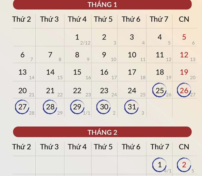 Lịch nghỉ Tết Ất Tỵ. Đồ họa: Đăng Hiếu