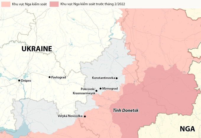 Vị trí một số đô thị tại tỉnh Donetsk. Đồ họa: RYV