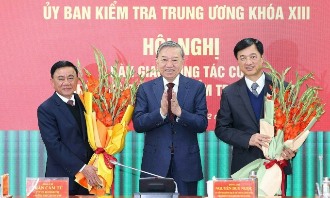Tổng Bí thư Tô Lâm dự hội nghị bàn giao công tác chủ nhiệm Ủy ban Kiểm tra Trung ương khóa 13, chiều 7/2. Ảnh: TTXVN