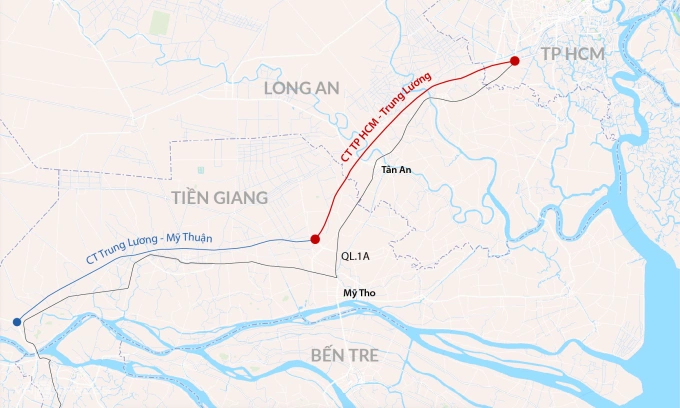 Hướng tuyến cao tốc TP HCM - Trung Lương - Mỹ Thuận. Đồ họa: Đăng Hiếu