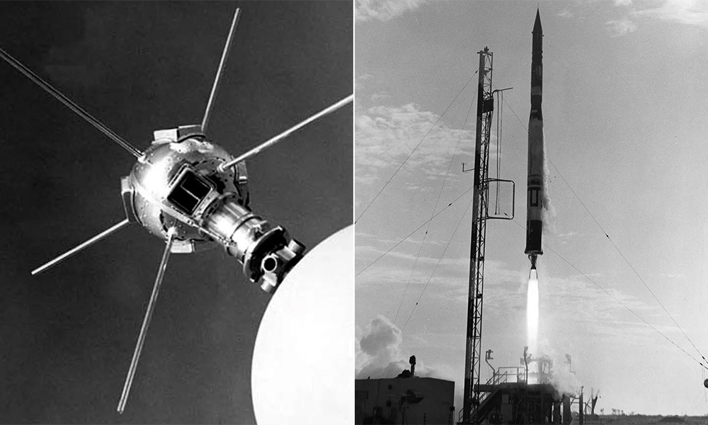 Vệ tinh Vanguard 1 là một quả cầu nhôm nhỏ với nhiều ăng-ten giống gai ((trái), được phóng lên không gian từ bang Florida, Mỹ, vào tháng 3/1958 (phải). Ảnh: NASA/NRL