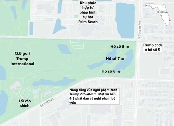 Vị trí của ông Trump và nơi nghi phạm bị phát hiện ở sân golf tại West Palm Beach, Florida ngày 15/9/2024. Đồ họa: AP