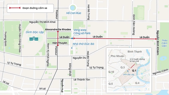 Đường Lê Duẩn và Pasteur, quận 1, sẽ hạn chế xe trong nhiều ngày để phục vụ lễ kỉ niệm. Đồ họa: Hoàng Chương