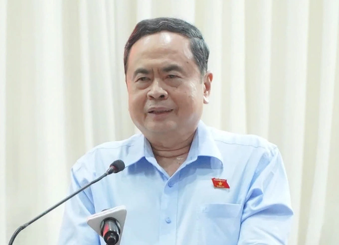 Chủ tịch Quốc hội Trần Thanh Mẫn phát biểu tại buổi tiếp xúc cử tri chiều 18/4. Ảnh: An Bình
