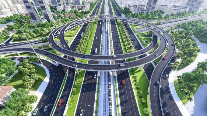 Phối cảnh nút giao khác mức (gồm đường cao tốc, hầm chui, đường sắt, đường dẫn trên cao) đường Vành đai 3,5 với Đại lộ Thăng Long. Nguồn: Chủ đầu tư cung cấp
