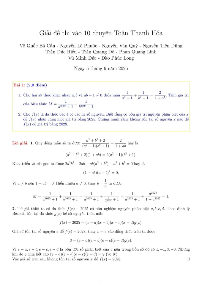 Lời giải đề thi lớp 10 chuyên Toán của Thanh Hóa