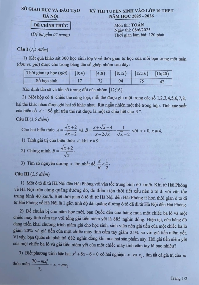Đề Toán thi lớp 10 ở Hà Nội