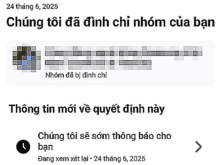Thông báo gửi đến quản trị viên một group ngày 24/6. Ảnh chụp màn hình
