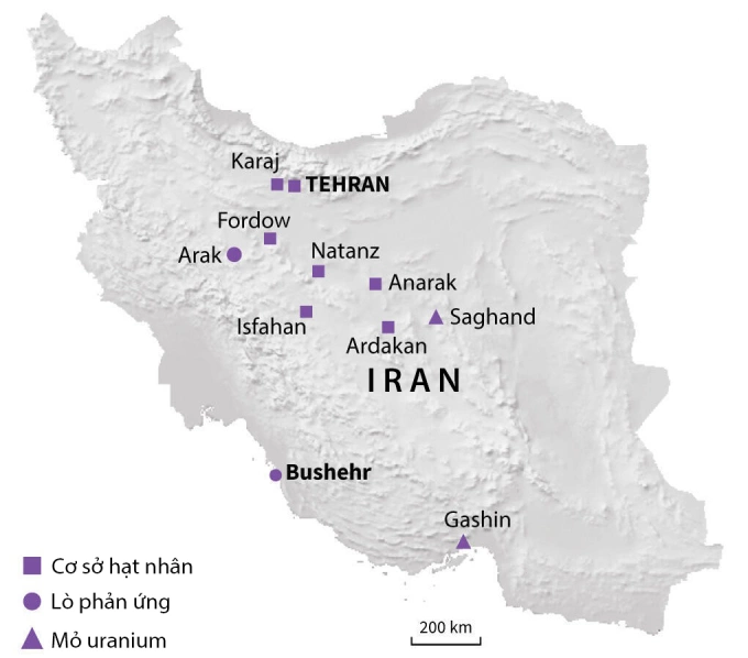 Vị trí Fordow, Natanz, Isfahan và các cơ sở hạt nhân của Iran. Đồ họa: AFP