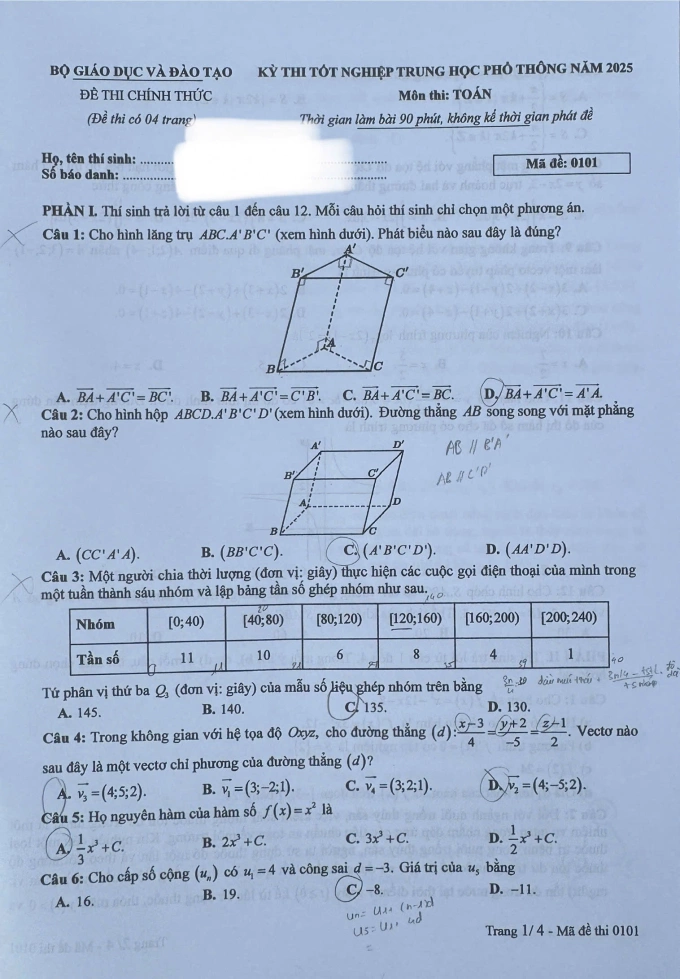 Đề Toán thi tốt nghiệp THPT 2025, mã đề 0101, 0102