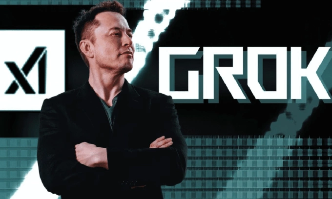 Tỷ phú Elon Musk và logo xAI ở phía sau. Ảnh: Goodreturns
