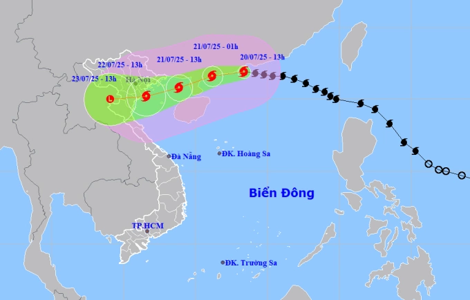 Dự báo đường đi và khu vực ảnh hưởng của bão lúc 13h ngày 20/7. Ảnh: NCHMF