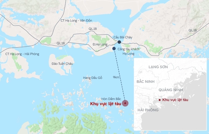 Vị trí tàu chở 53 người chìm cách bến cảng tàu khách Hạ Long khoảng 9 km. Đồ họa: Hoàng Khánh