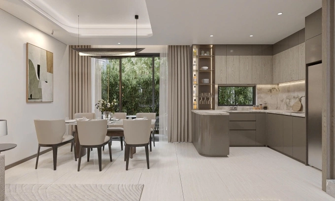 Không gian phòng khách nhà phố liền kề 6 m. Ảnh: Prodezi Long An