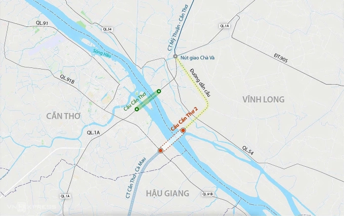 Hướng tuyến cầu Cần Thơ và dự án cầu Cần Thơ 2 đang được đề xuất xây dựng. Đồ họa: Đăng Hiếu