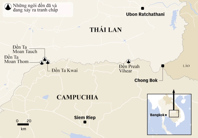 Vị trí đền Ta Muan Thom/Ta Muen Thom cùng các đền tranh chấp giữa Campuchia và Thái Lan. Đồ họa: CNA