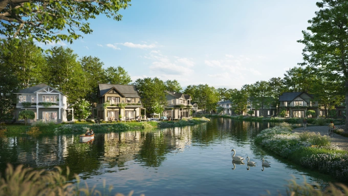 Mặt nước vừa là cảnh quan, vừa hàng rào mềm và liệu pháp tinh thần cho cư dân. Ảnh: Ecopark