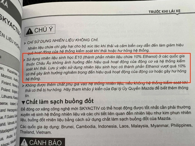Khuyến cáo về việc sử dụng xăng E10 của một mẫu xe Nhật trong sách hướng dẫn sử dụng. Ảnh: Hồ Tân