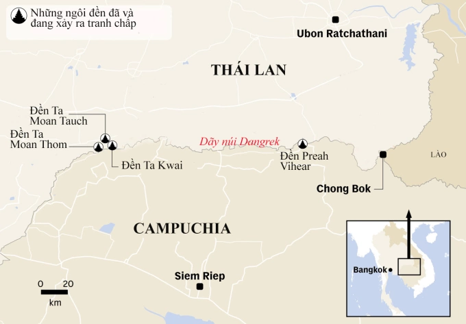 Vị trí dãy núi Dangrek và các ngôi trên tranh chấp giữa Campuchia và Thái Lan. Đồ họa: CNA
