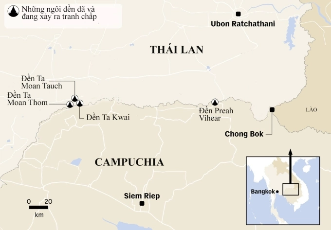 Vị trí đền Ta Muan Thom cùng các đền tranh chấp giữa Campuchia và Thái Lan. Đồ họa: CNA