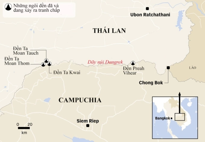 Vị trí dãy núi Dangrek và các ngôi trên tranh chấp giữa Campuchia và Thái Lan. Đồ họa: CNA