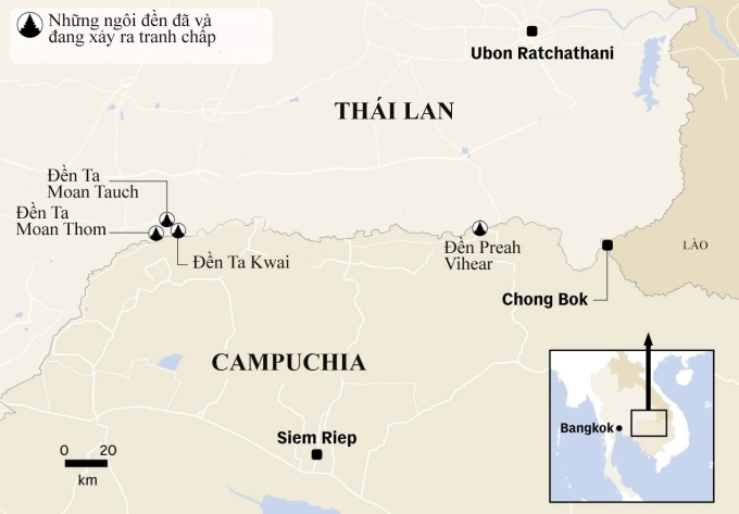 Vị trí các đền tranh chấp giữa Campuchia và Thái Lan. Đồ họa: CNA